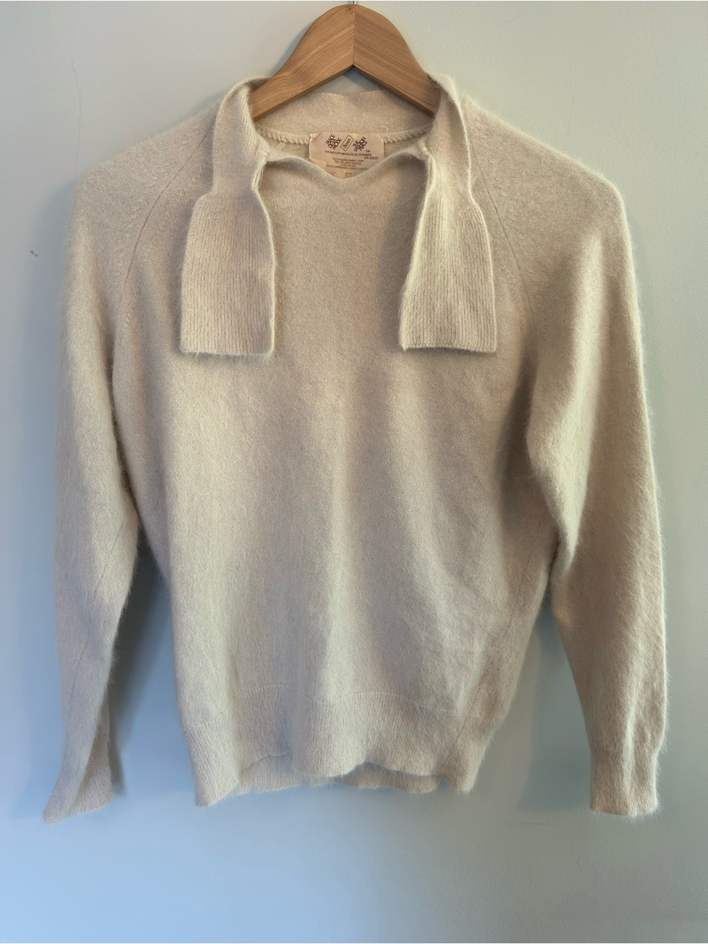 Vintage Sears Angora Rabbit and Lambswool Made in Canada Cream Tie Neck Sweater - Picture 2 of 5
